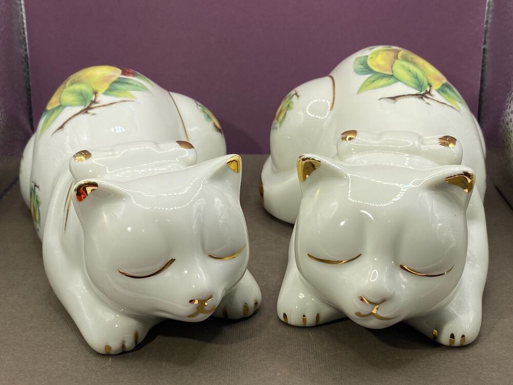 Formalitives By Baum Bros White Sleeping Cat Figurines With Pears